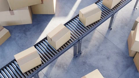 CGI Animation: A queue of cardboard boxes running on a roller conveyor. 4K Foota Stock Footage 234938432