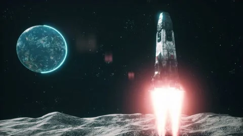 CGI Animation: A rocket landed slowly on the moon from earth. 4K Footage Stock Footage 234936299