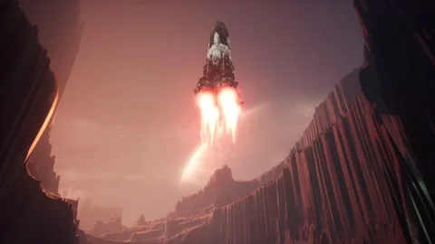 CGI Animation: A rocket lands slowly on a foggy alien planet and high cliffs. 4K Stock Footage 234936479