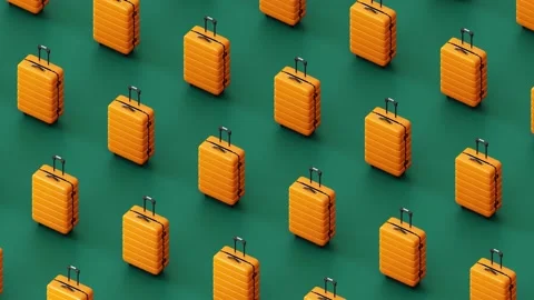 CGI Animation: A row of yellow suitcases walking against a green background. Stock Footage 234937667