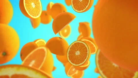 CGI animation of slices of juicy oranges floating against blue background Stock Footage 278187785