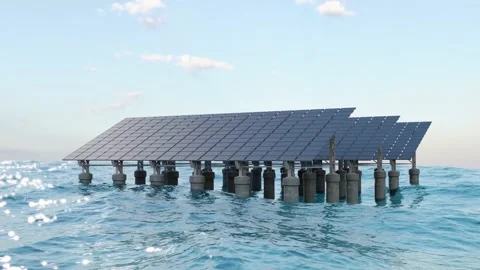 CGI Animation: Solar panels capture sunlight energy in the middle of the sea. 4K Stock Footage 234937383