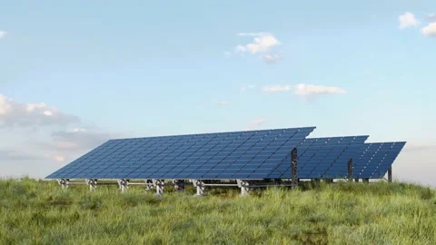 CGI Animation: solar panels capture the light energy of the sun on a green meado Stock Footage 234937517