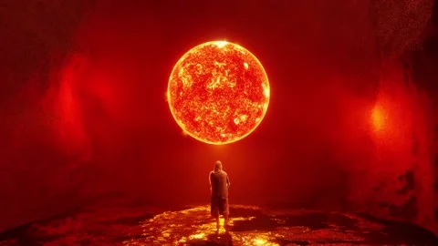 CGI Animation: Someone standing in a misty room observing a fiery red orb Stock Footage 234103063