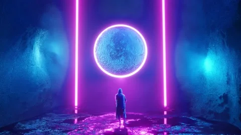 CGI Animation: Someone standing in a misty room observing a frozen blue sphere Stock Footage 234103065