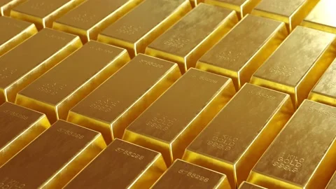 CGI animation: Top-down view of a row of gold bars inscribed with "1 KILO GOLD." Stock Footage 234102952