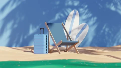 CGI Animationa lounge chair, surfboard, and suitcase by the beach Stock Footage 234937981