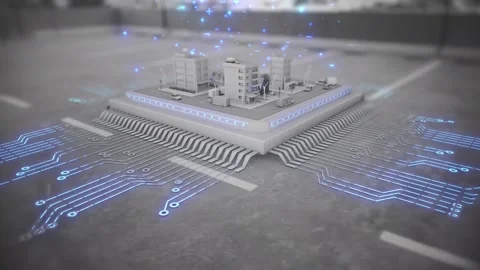 CGI Computer Chipset Generating a City in a real life parking lot Stock Footage 295835018