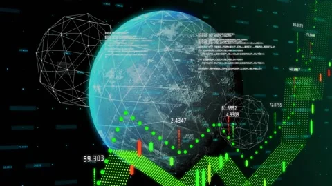 CGI Earth globe receiving live data feed and showing finance candles, ribbon, Stock Footage 331832751