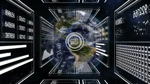 CGI Earth rotating in data tunnel, overlays updating reticle and driving view Stock Footage 331872611