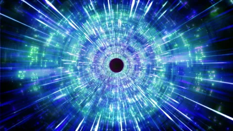 CGI flythrough of digital tunnel with glowing particles in dark space. Stock Footage 322556441