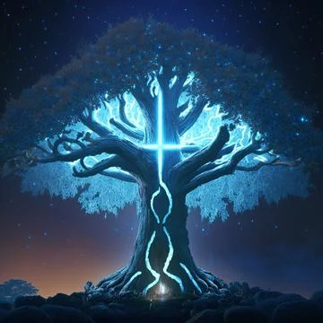 Cgi Generated Ancient Tree Glowing With Bright Blue Light In The Dark Stock Illustration