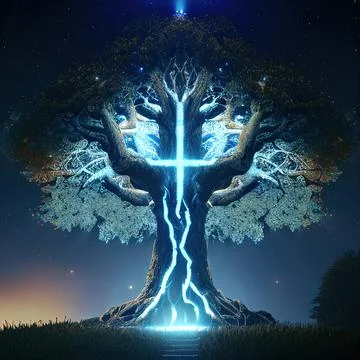 Cgi Generated Ancient Tree Glowing With Bright Blue Light In The Dark Stock Illustration
