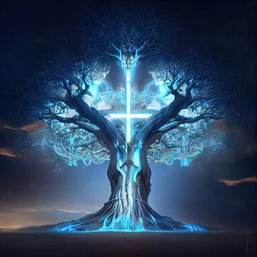 Cgi Generated Ancient Tree Glowing With Bright Blue Light In The Dark Stock Illustration