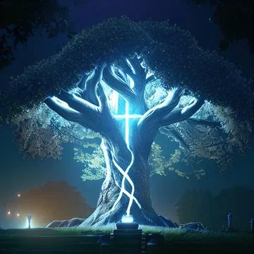 Cgi Generated Ancient Tree Glowing With Bright Blue Light In The Dark Stock Illustration
