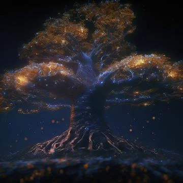 Cgi Generated Ancient Tree Glowing With Soft Blue Light In The Dark Stock Illustration