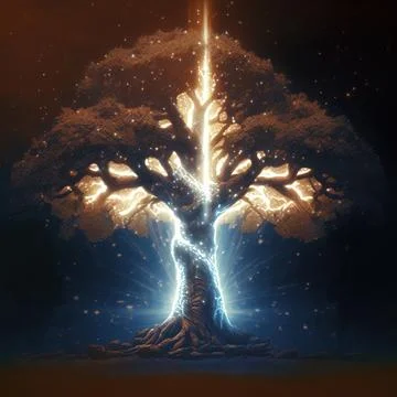 Cgi Generated Ancient Tree Glowing With Bright Yellow Light In The Dark Stock Illustration