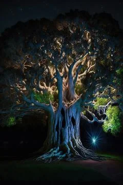 Cgi Generated Ancient Tree With Green Illuminating Leaves In The Dark Stock Illustration