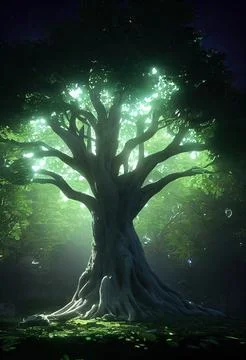 Cgi Generated Ancient Tree With Green Illuminating Leaves In The Dark Stock Illustration