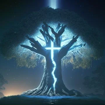 Cgi Generated Ancient Tree Shining With Bright Blue Light In The Dark Stock Illustration