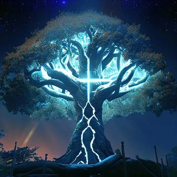 Cgi Generated Ancient Tree Shining With Bright Blue Light In The Dark Stock Illustration