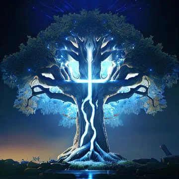 Cgi Generated Ancient Tree Shining With Bright Blue Light In The Dark Stock Illustration