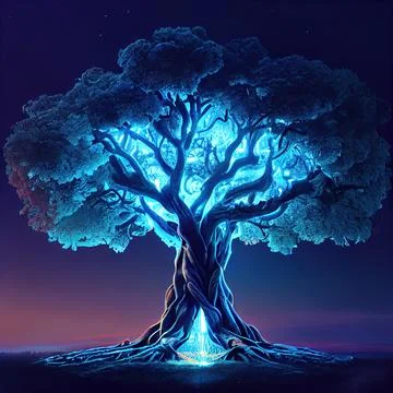 Cgi Generated Ancient Tree Shining With Bright Blue Light In The Dark Stock Illustration