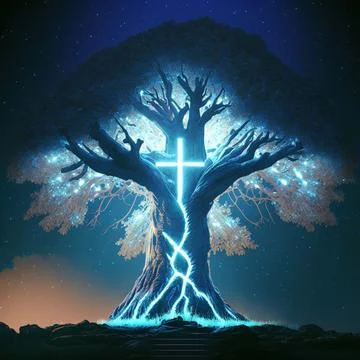 Cgi Generated Ancient Tree Shining With Bright Blue Light In The Dark Stock Illustration