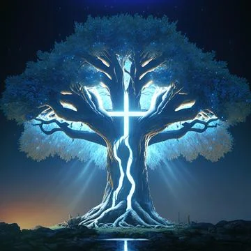 Cgi Generated Ancient Tree Shining With Bright Blue Light In The Dark Stock Illustration