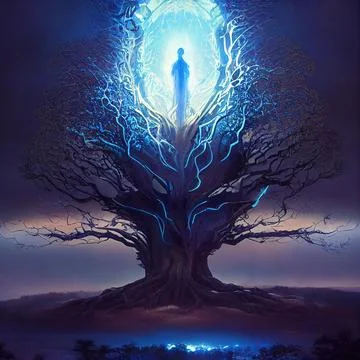 Cgi Generated Ancient Tree Shining With Bright Blue Light In The Dark Stock Illustration
