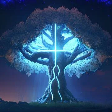 Cgi Generated Ancient Tree Shining With Bright Blue Light In The Dark Stock Illustration