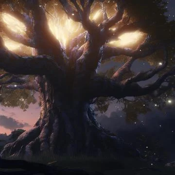 Cgi Generated Ancient Tree Shining With Bright Yellow Light In The Dark Stock Illustration