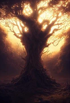 Cgi Generated Ancient Tree Shining With Bright Yellow Light In The Dark Stock Illustration