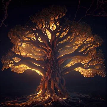 Cgi Generated Ancient Tree Shining With Bright Yellow Light In The Dark Stock Illustration