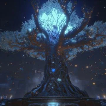 Cgi Generated Ancient Tree Shining With Bright Blue Light In The Dark Stock Illustration