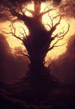 Cgi Generated Ancient Tree Shining With Bright Yellow Light In The Dark Stock Illustration