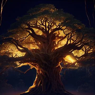 Cgi Generated Ancient Tree Shining With Bright Yellow Light In The Dark 库存插图