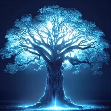 Cgi Generated Ancient Tree Shining With Bright Blue Light In The Dark Stock Illustration