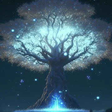 Cgi Generated Ancient Tree Shining With Bright Blue Light In The Dark Stock Illustration