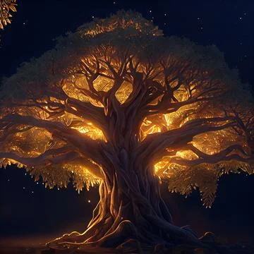 Cgi Generated Ancient Tree Shining With Bright Yellow Light In The Dark Stock Illustration