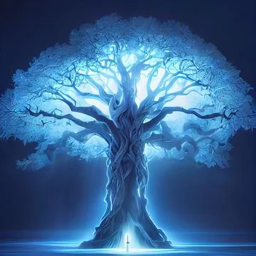 Cgi Generated Ancient Tree Shining With Bright Blue Light In The Dark Stock Illustration