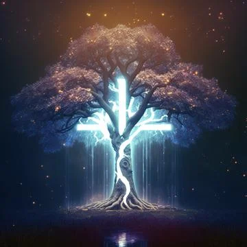 Cgi Generated Ancient Tree Shining With Bright Blue Light In The Dark Stock Illustration