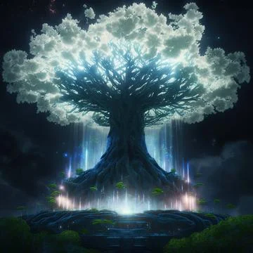 Cgi Generated Ancient Tree Shining With Bright Blue Light In The Dark Stock Illustration
