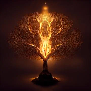 Cgi Generated Ancient Tree Shining With Bright Yellow Light In The Dark Stock Illustration