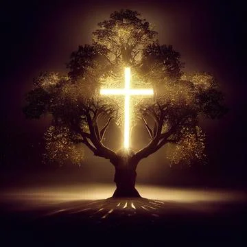 Cgi Generated Ancient Tree Shining With Bright Yellow Light In The Dark Stock Illustration