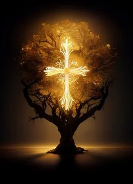 Cgi Generated Ancient Tree Shining With Bright Yellow Light In The Dark Stock Illustration