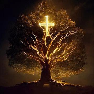 Cgi Generated Ancient Tree Shining With Bright Yellow Light In The Dark Stock Illustration