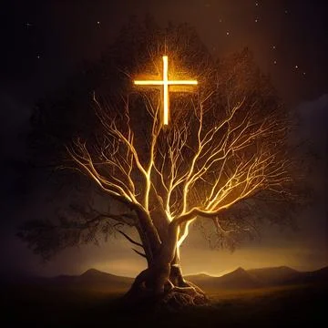 Cgi Generated Ancient Tree Shining With Bright Yellow Light In The Dark Stock Illustration