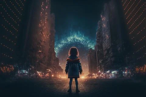 Cgi Generated Little Child Looking At Big House Buildings Contemplating Life Ilustración de archivo