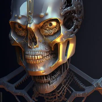 Cgi Generated Skull Head Looking Evil Covered In Gold Tech Detail Illustrazione stock
